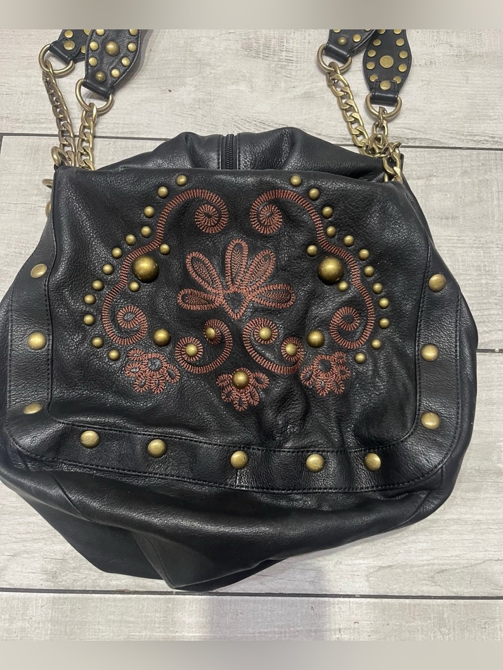 Kate Landry Black Leather Shoulder Bag with Brown Embroidered Floral Detail - Picture 2 of 6